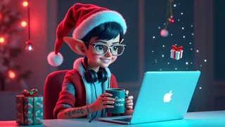 Santa’s Intern at a glowing laptop
